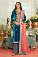 Pakistani Deep Aquamarine Zardozi Velvet Salwar Kameez (3-Piece) - Image 2