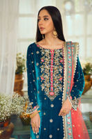 Pakistani Deep Aquamarine Zardozi Velvet Salwar Kameez (3-Piece) - Image 4