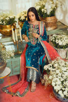 Pakistani Deep Aquamarine Zardozi Velvet Salwar Kameez (3-Piece) - Image 6