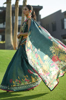 Deep Teal Digital Print Pure Raw Silk Saree (3-Piece) - Image 10