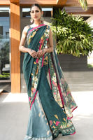 Deep Teal Digital Print Pure Raw Silk Saree (3-Piece) - Image 2