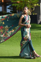 Deep Teal Digital Print Pure Raw Silk Saree (3-Piece) - Image 3
