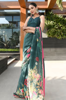 Deep Teal Digital Print Pure Raw Silk Saree (3-Piece) - Image 4
