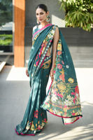 Deep Teal Digital Print Pure Raw Silk Saree (3-Piece) - Image 7