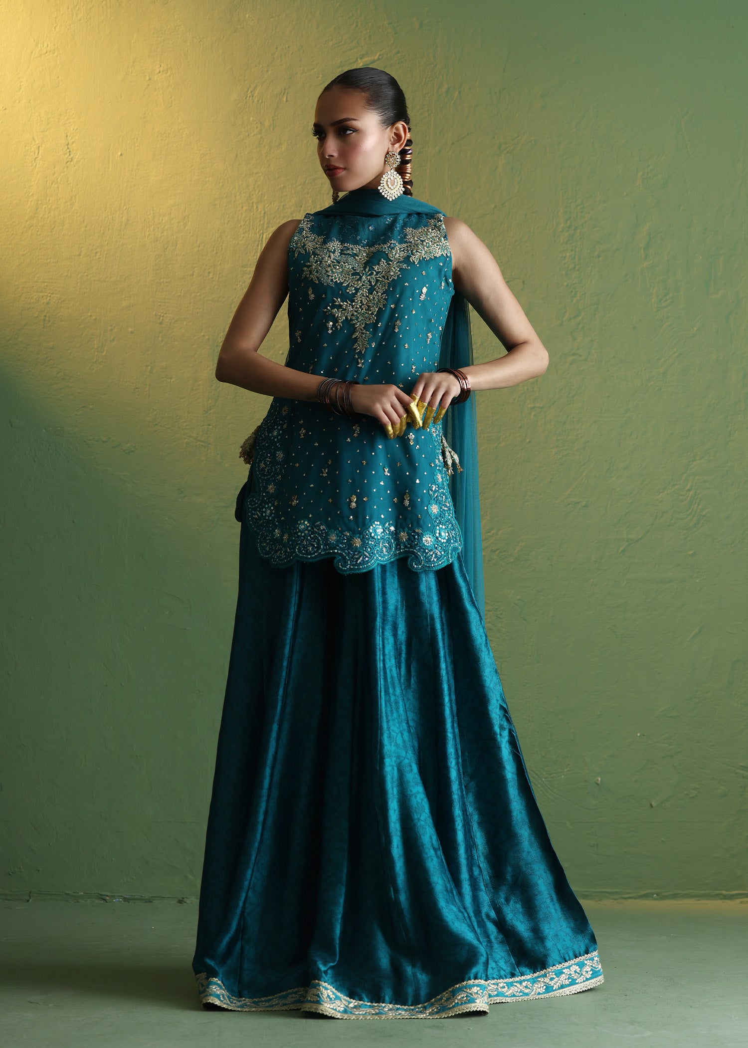 Teal Embroidered French Net Sharara (3-Piece) - Image 1