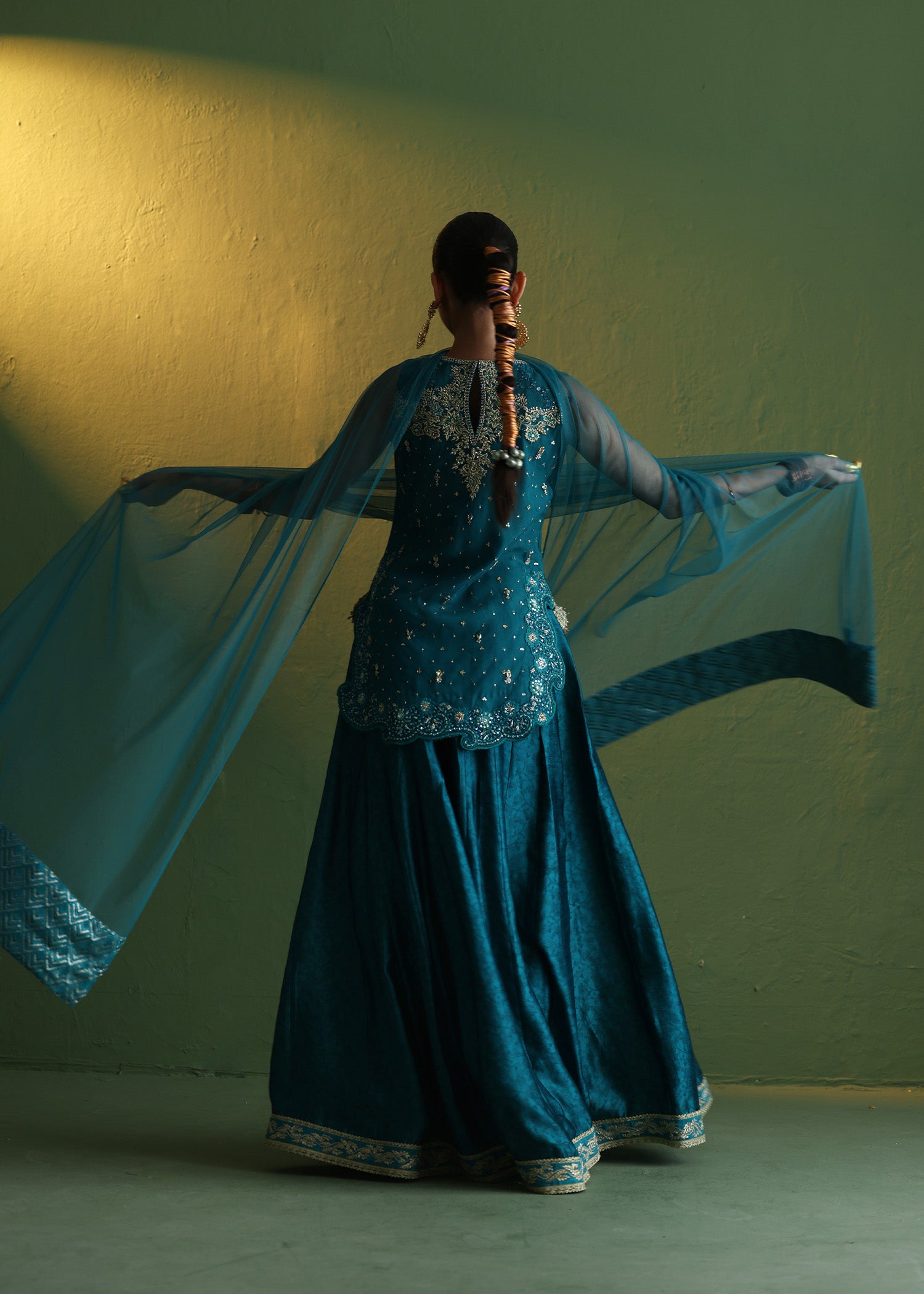 Teal Embroidered French Net Sharara (3-Piece) - Image 2