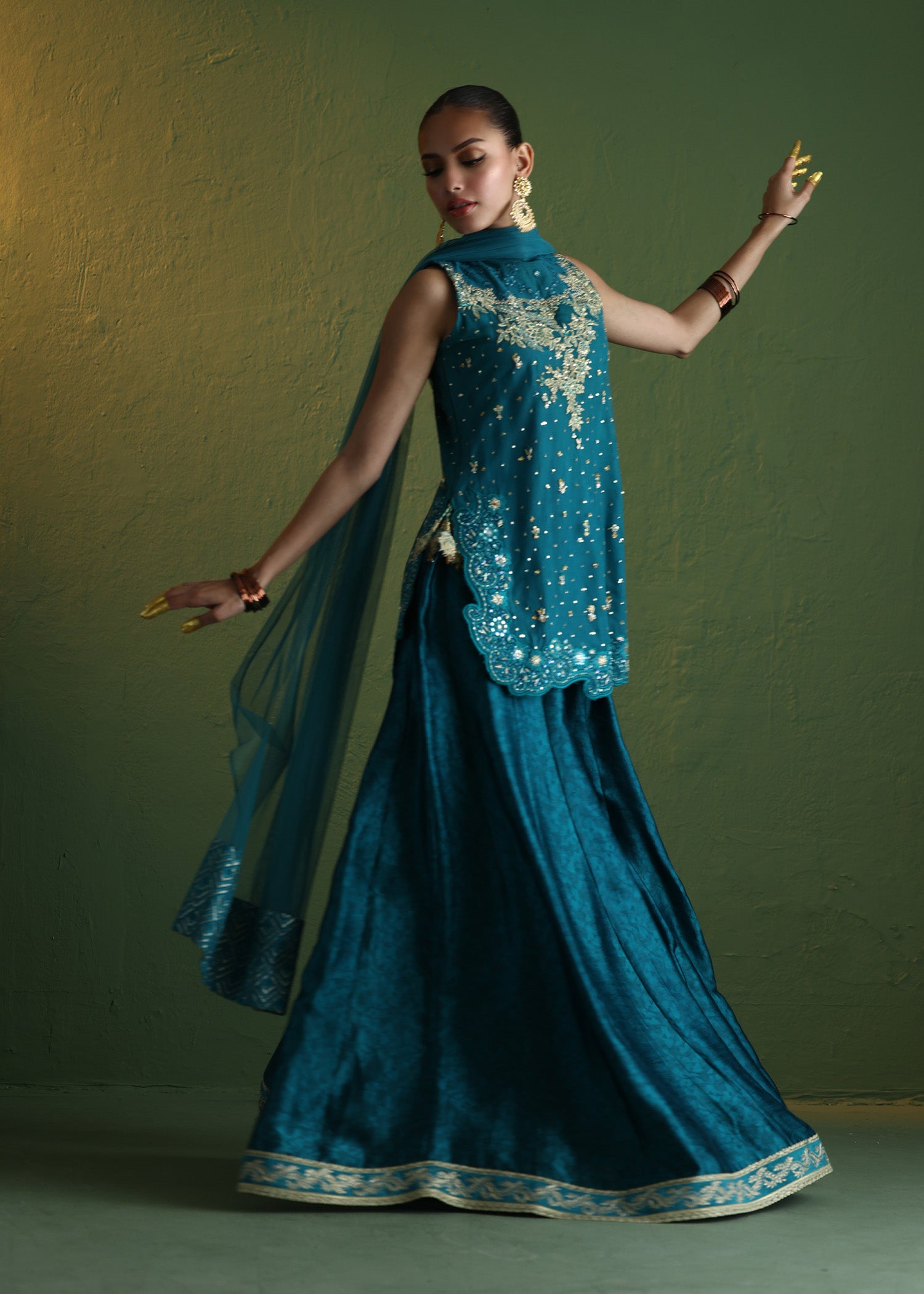 Teal Embroidered French Net Sharara (3-Piece) - Image 3