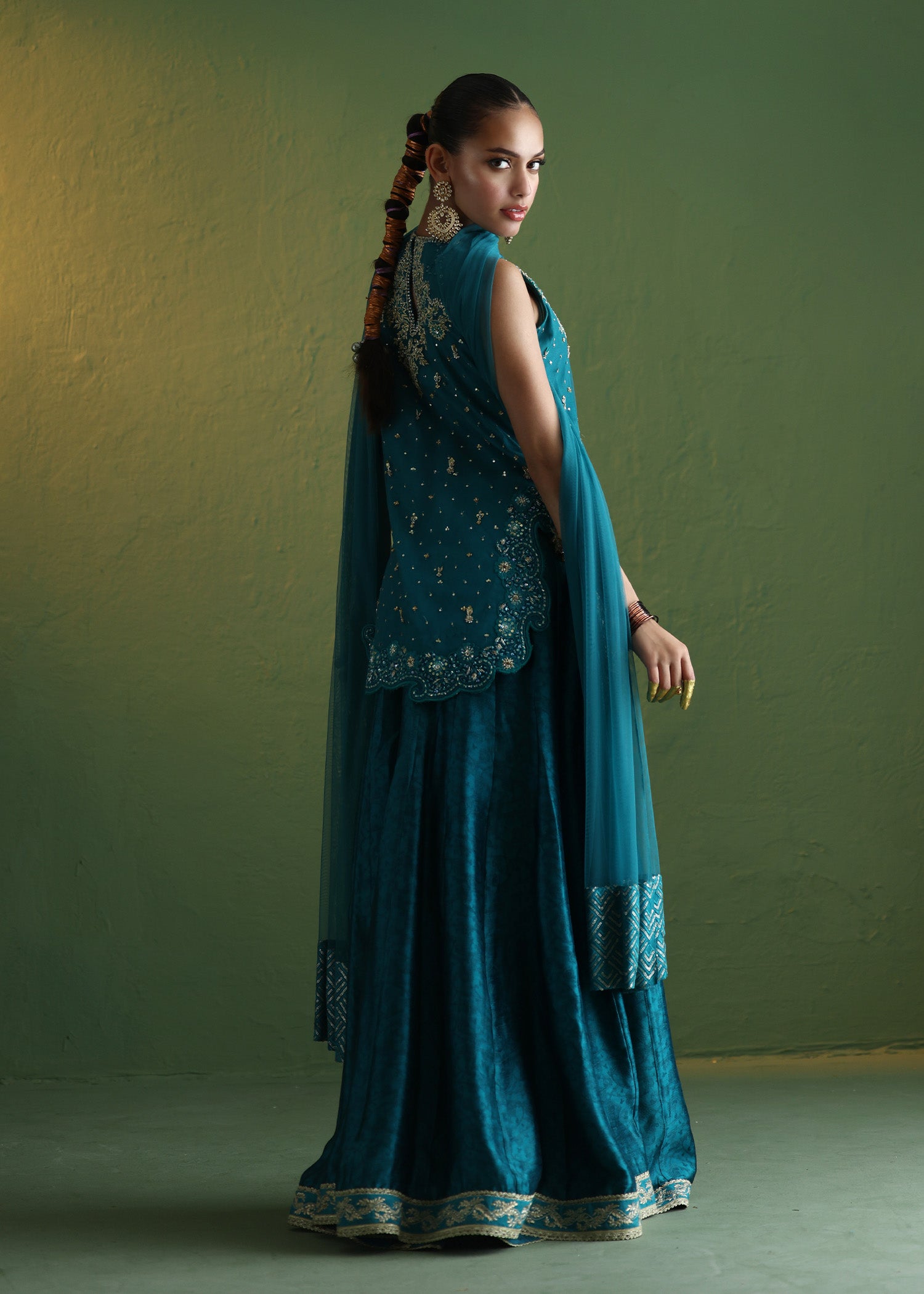 Teal Embroidered French Net Sharara (3-Piece) - Image 4
