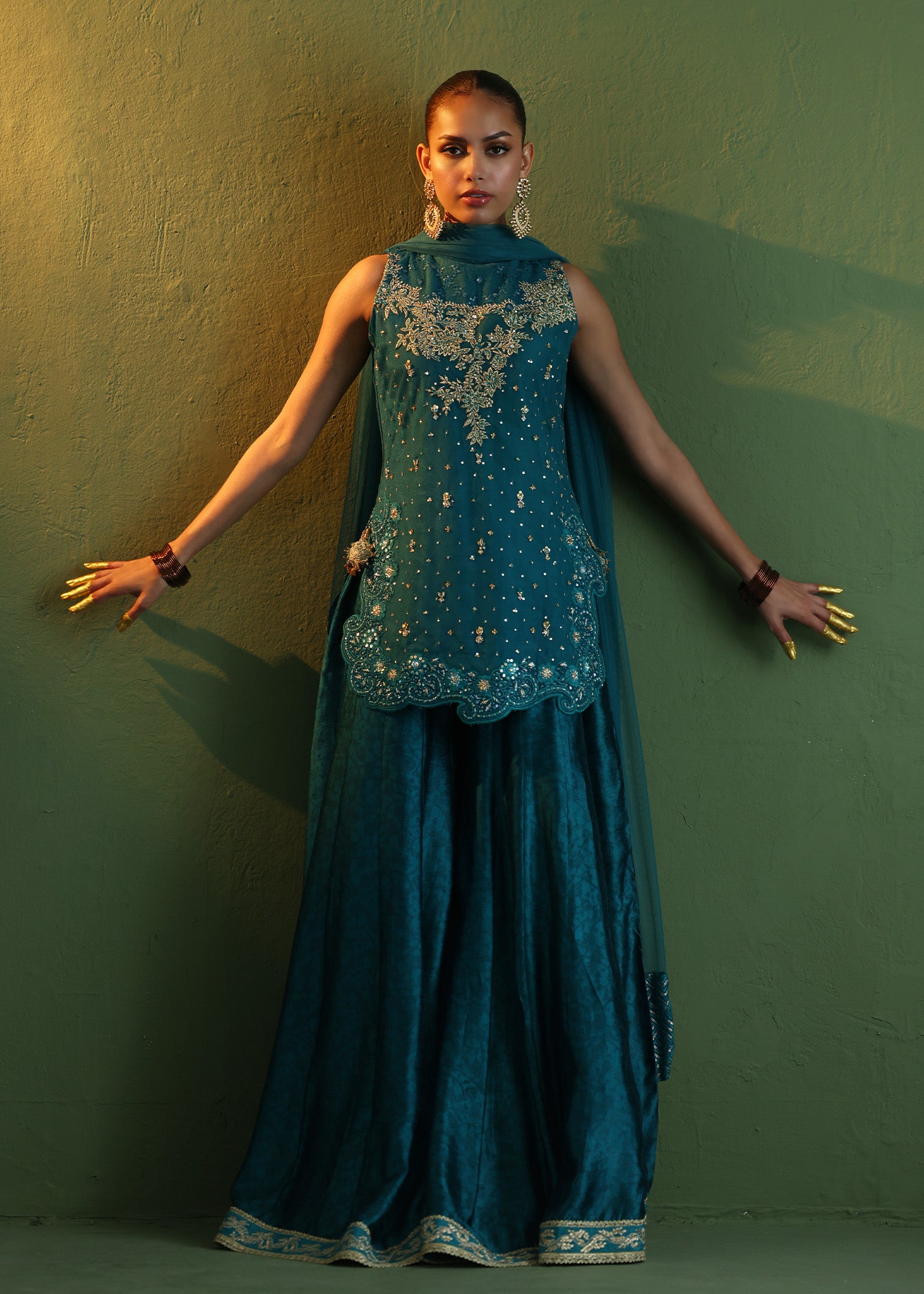 Teal Embroidered French Net Sharara (3-Piece) - Image 5