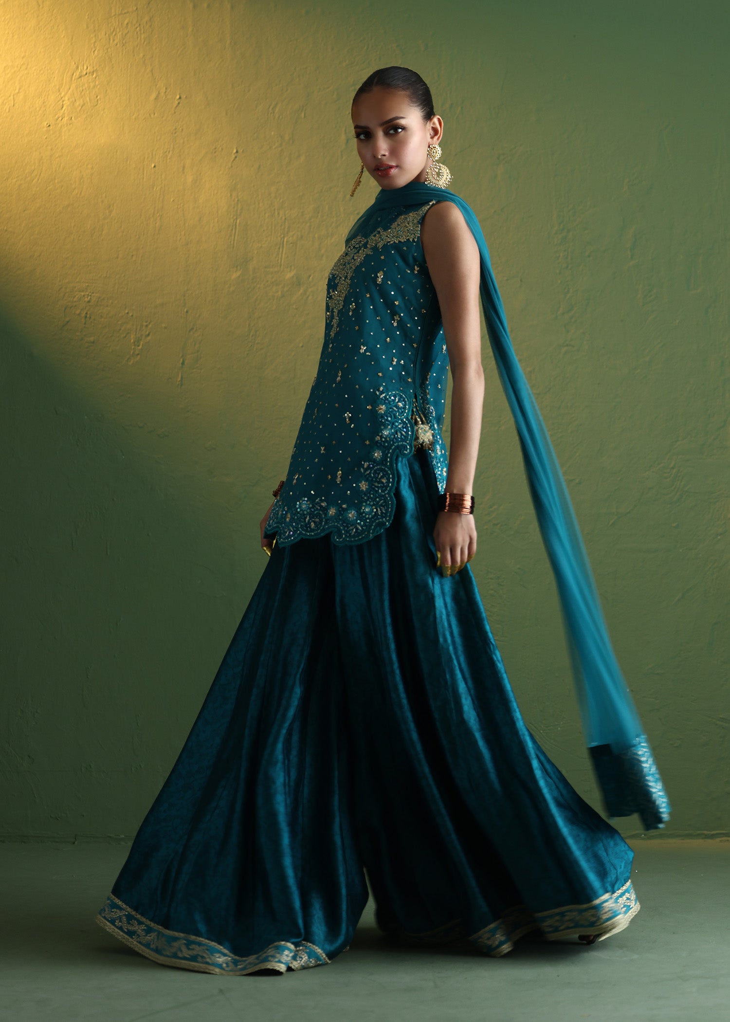 Teal Embroidered French Net Sharara (3-Piece) - Image 6