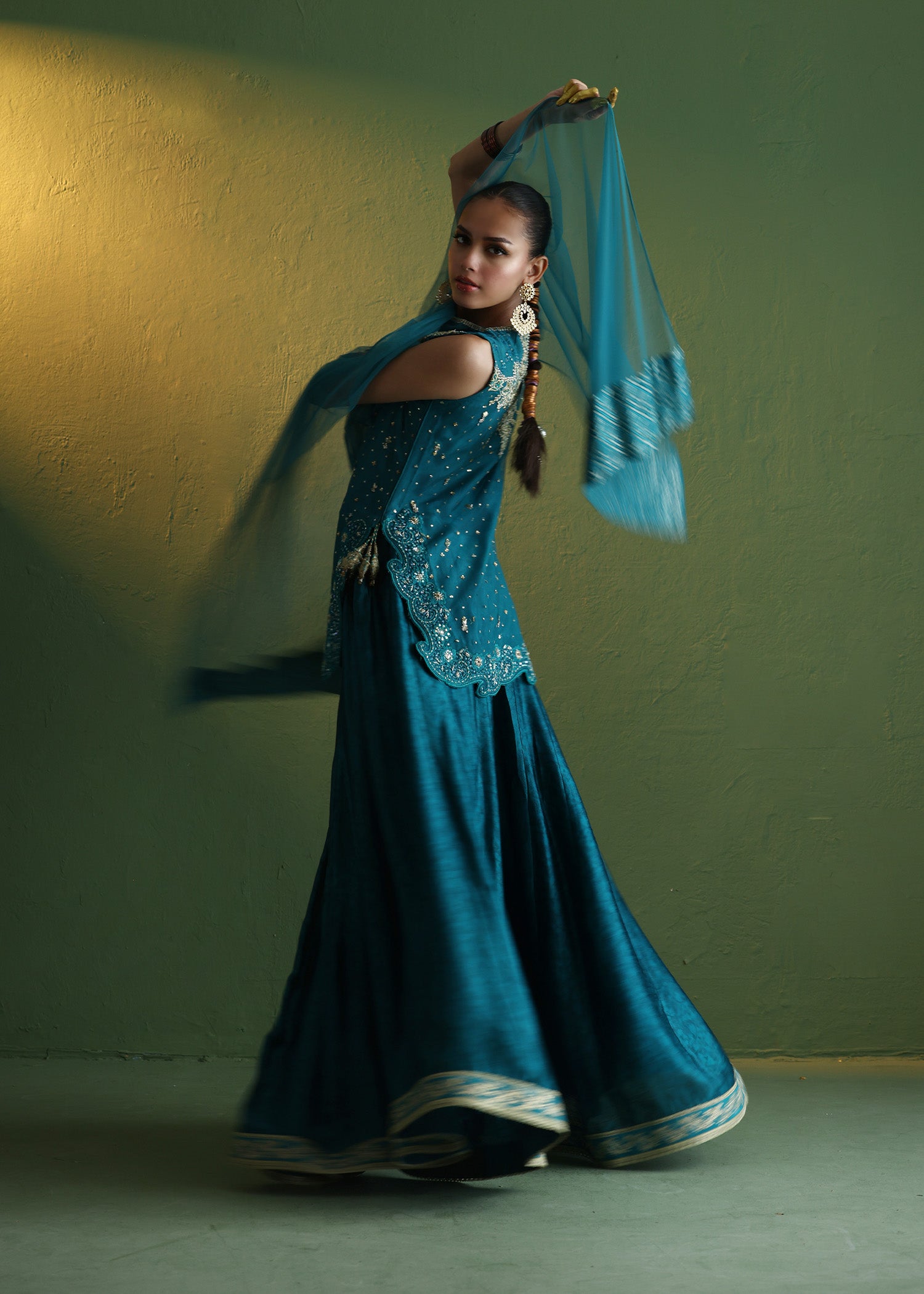 Teal Embroidered French Net Sharara (3-Piece) - Image 7