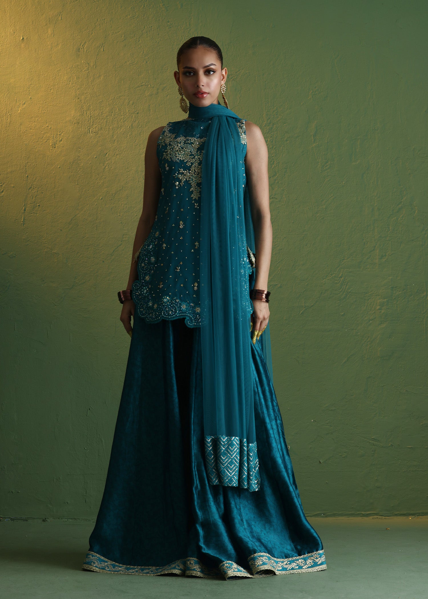 Teal Embroidered French Net Sharara (3-Piece) - Image 8