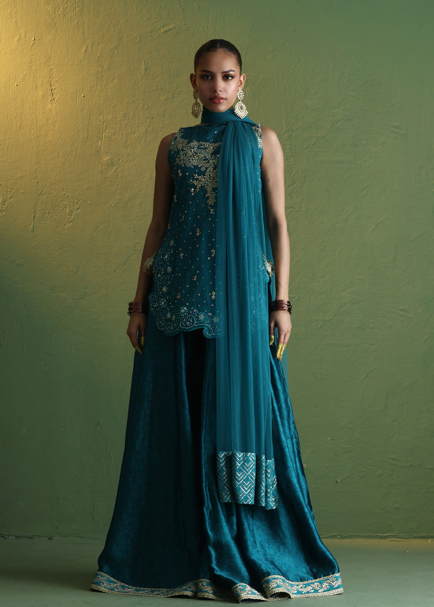 Teal Embroidered French Net Sharara (3-Piece) - Image 9