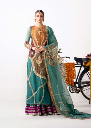 Pakistani Teal Multi-Color Embroidered Organza Sharara (3-Piece) - Image 2