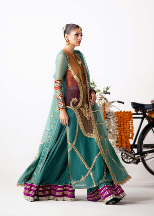 Pakistani Teal Multi-Color Embroidered Organza Sharara (3-Piece) - Image 3