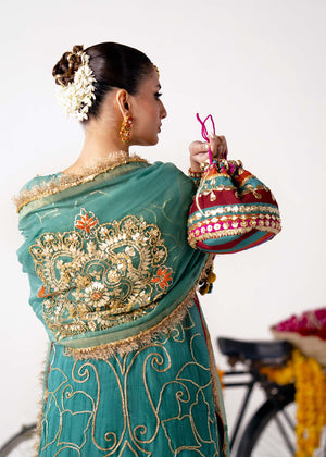 Pakistani Teal Multi-Color Embroidered Organza Sharara (3-Piece) - Image 4