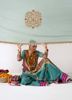 Pakistani Teal Multi-Color Embroidered Organza Sharara (3-Piece) - Image 9