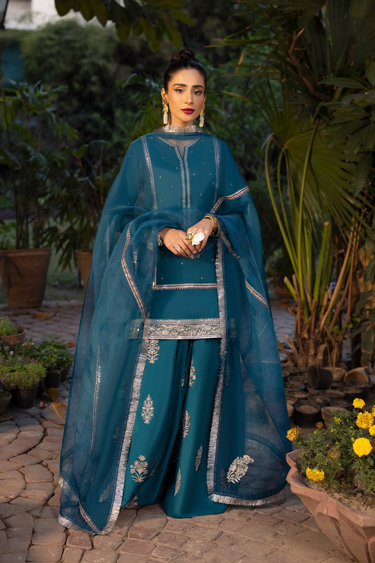Pakistani Teal Blue Embroidered Raw Silk Sharara Set (3-Piece) - Image 1