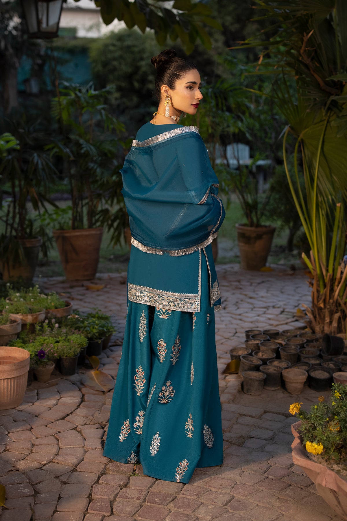 Pakistani Teal Blue Embroidered Raw Silk Sharara Set (3-Piece) - Image 2