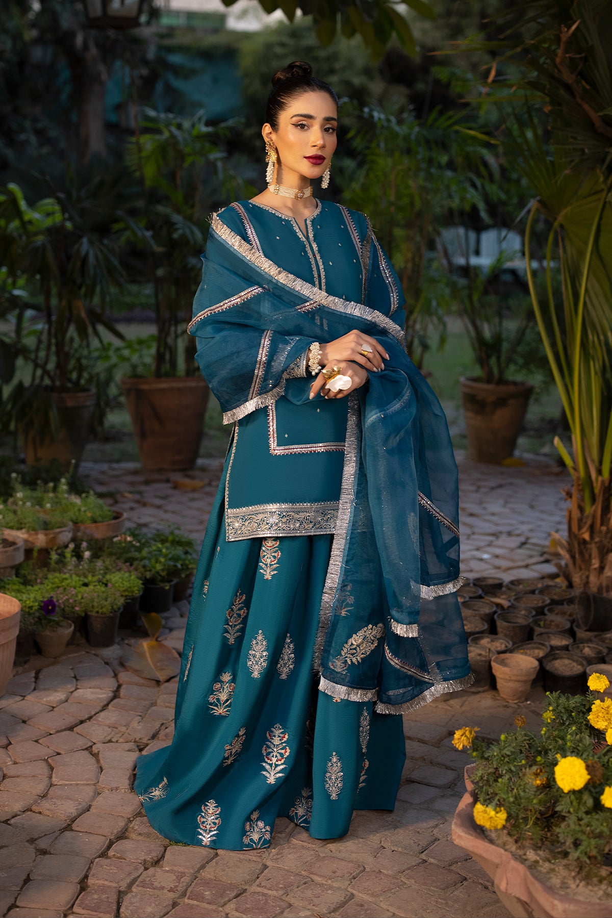 Pakistani Teal Blue Embroidered Raw Silk Sharara Set (3-Piece) - Image 3