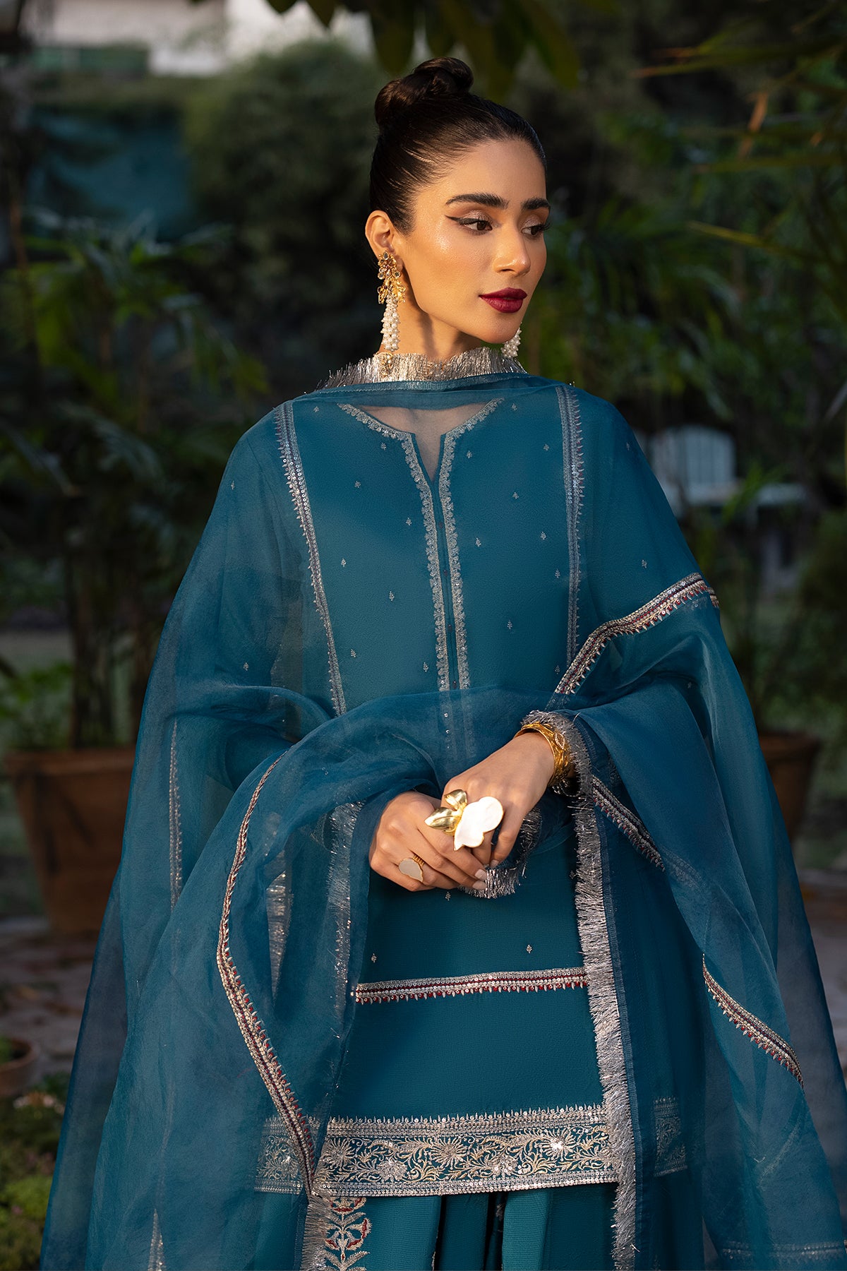 Pakistani Teal Blue Embroidered Raw Silk Sharara Set (3-Piece) - Image 5