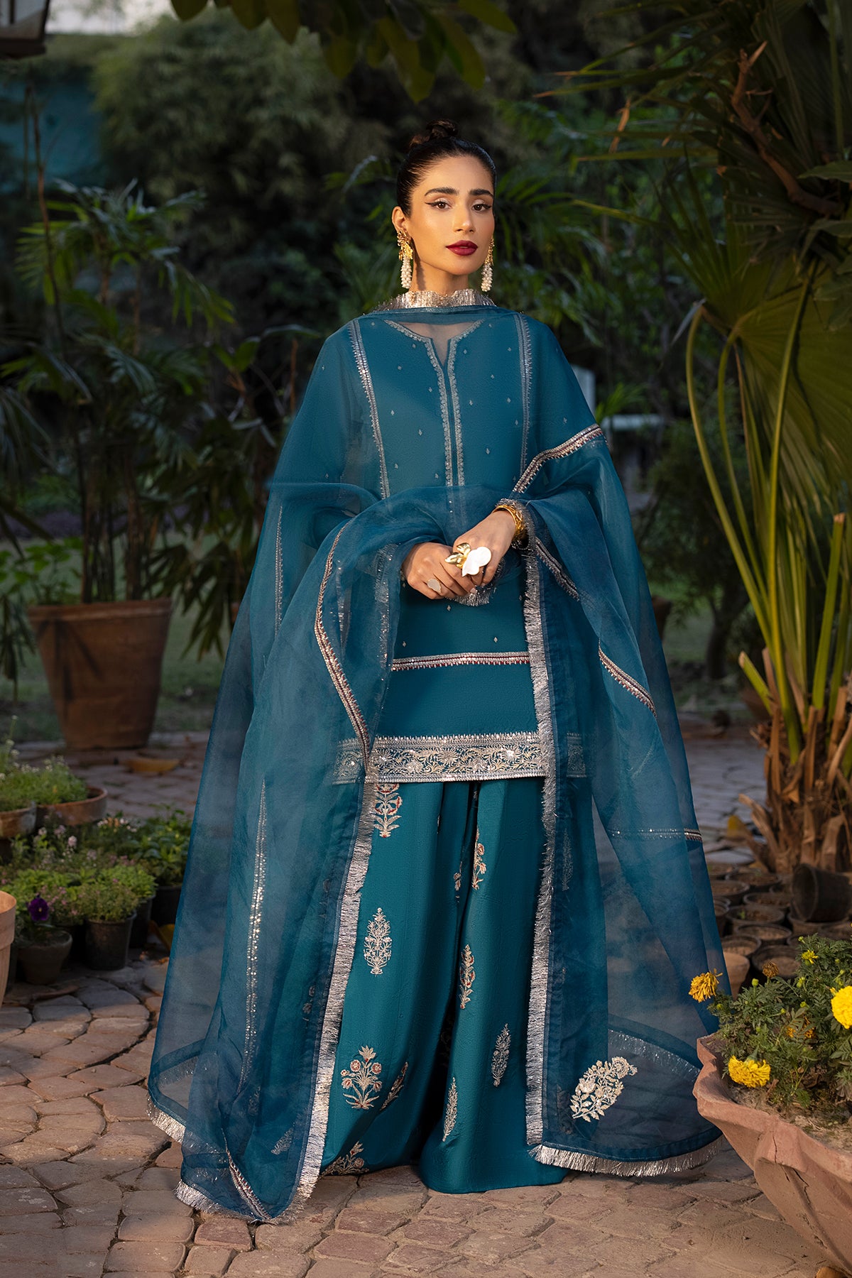 Pakistani Teal Blue Embroidered Raw Silk Sharara Set (3-Piece) - Image 6