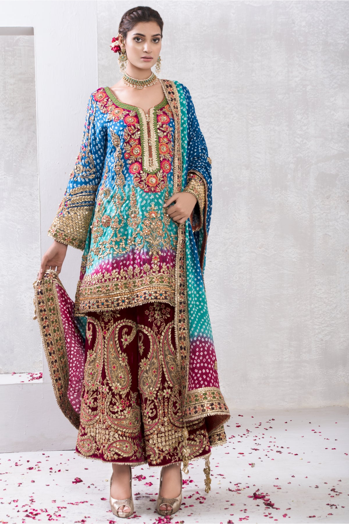 Pakistani Ferozi Gota Embroidered Silk Chunri Sharara (3-Piece) - Image 1