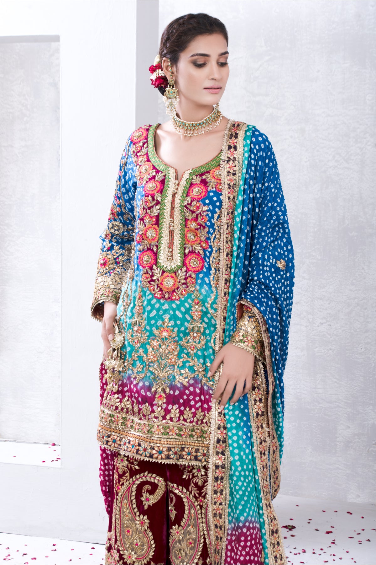 Pakistani Ferozi Gota Embroidered Silk Chunri Sharara (3-Piece) - Image 2