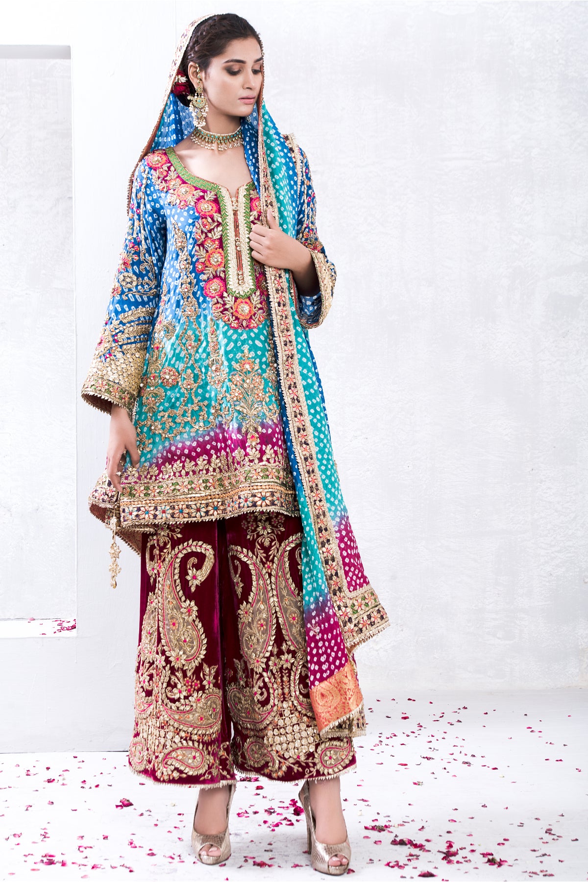 Pakistani Ferozi Gota Embroidered Silk Chunri Sharara (3-Piece) - Image 3