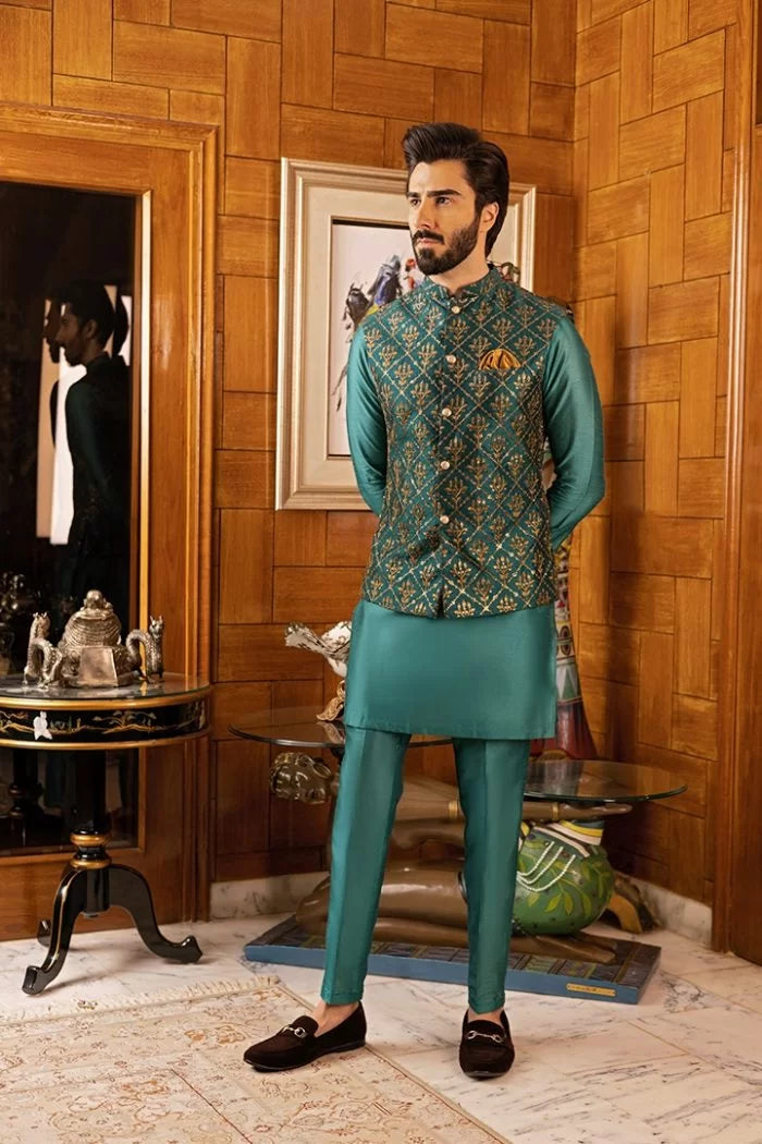 Teal Cotton-Silk Kurta Pajama with Green Waistcoat (3-Piece) - Image 2