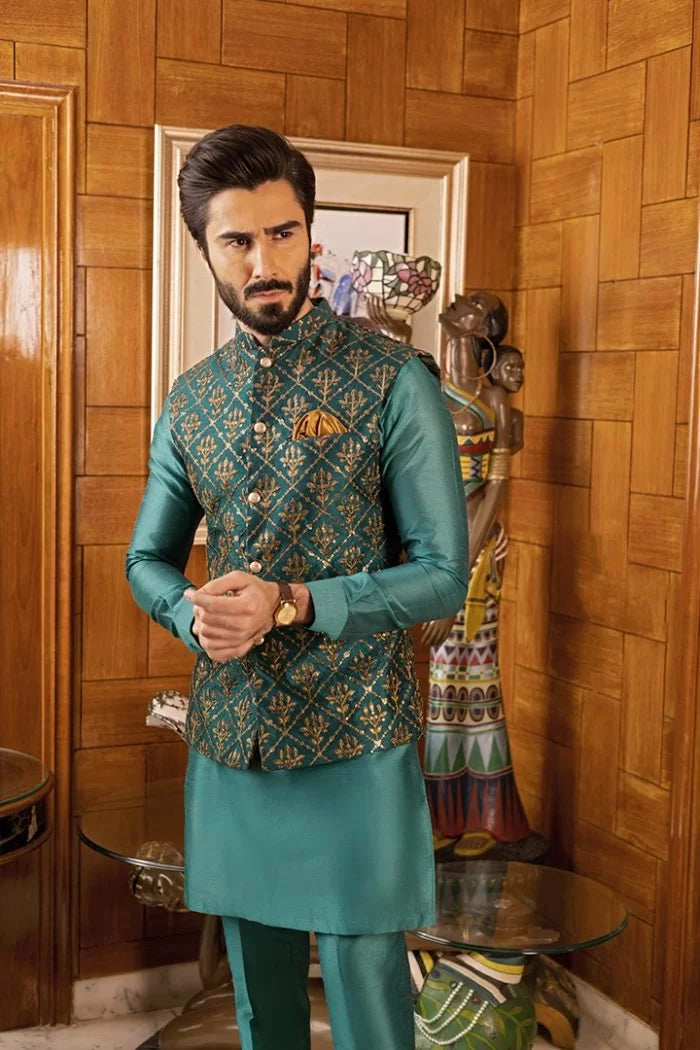 Teal Cotton-Silk Kurta Pajama with Green Waistcoat (3-Piece) - Image 3
