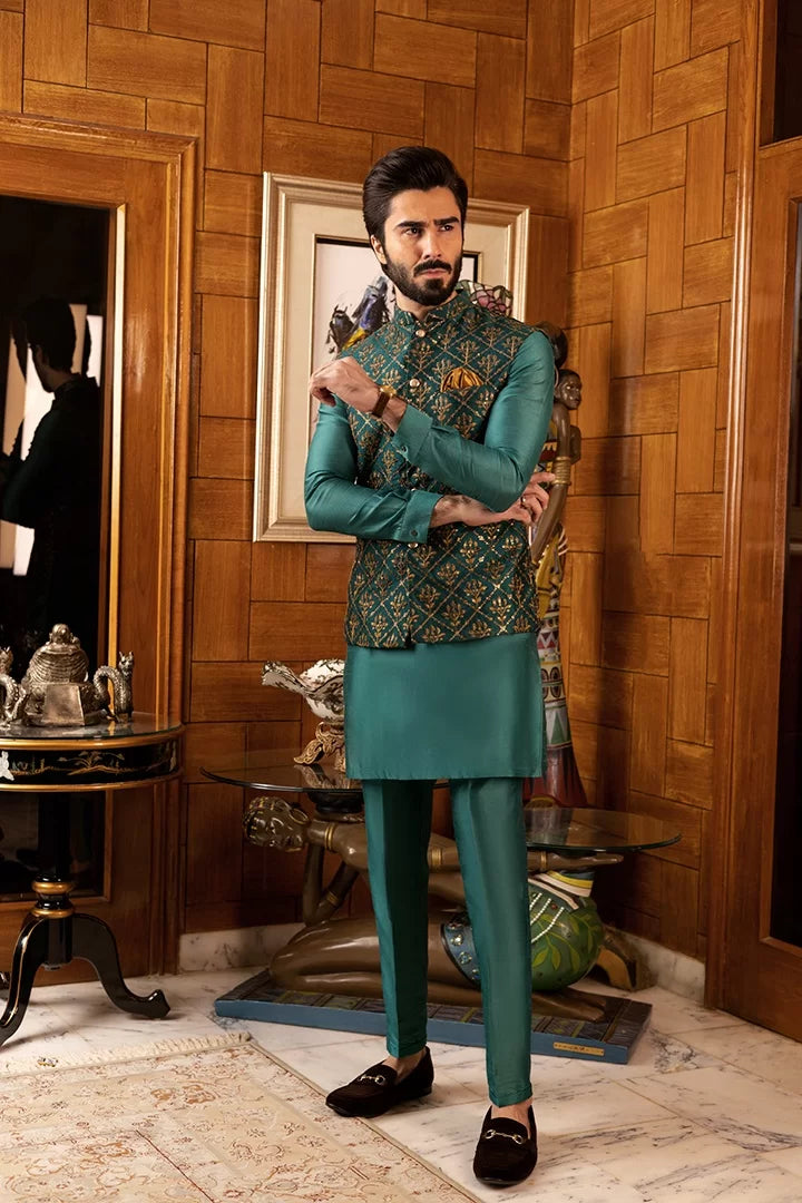 Teal Cotton-Silk Kurta Pajama with Green Waistcoat (3-Piece) - Image 4