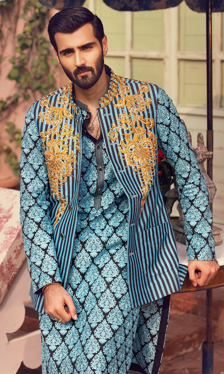 Teal Black Embroidered Waistcoat Kurta (3-Piece) - Image 1