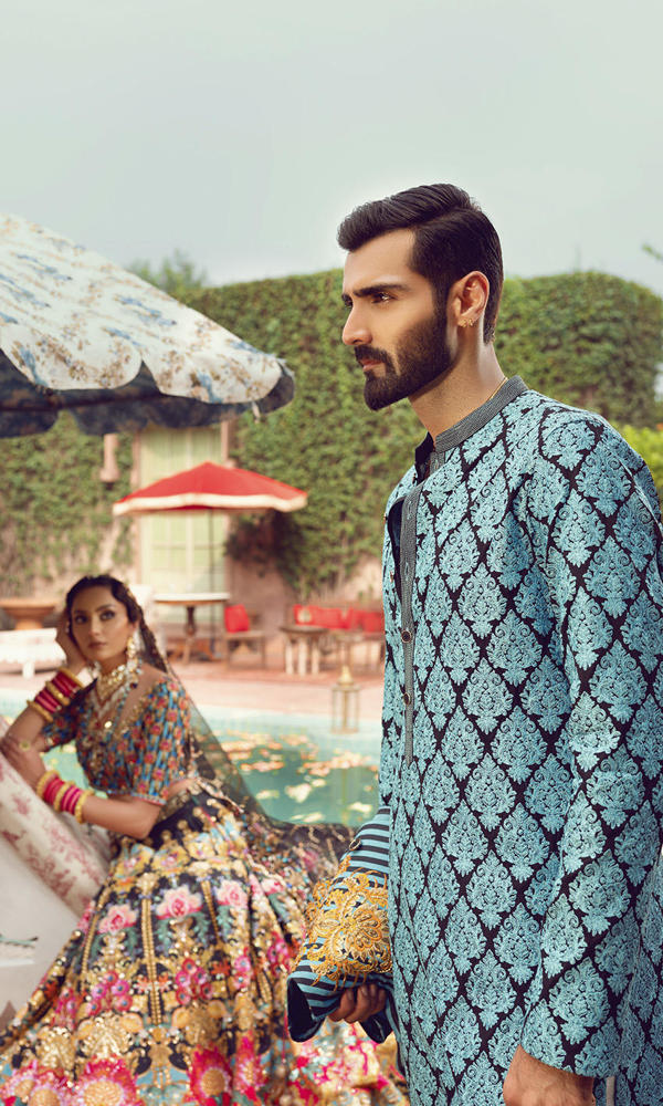 Teal Black Embroidered Waistcoat Kurta (3-Piece) - Image 10