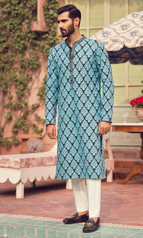 Teal Black Embroidered Waistcoat Kurta (3-Piece) - Image 3