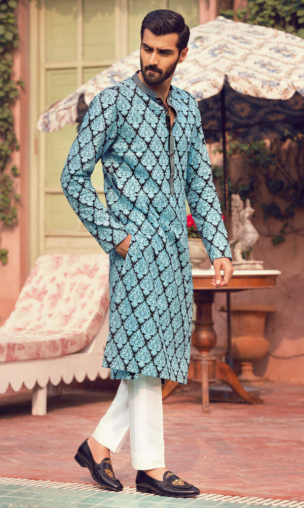 Teal Black Embroidered Waistcoat Kurta (3-Piece) - Image 4