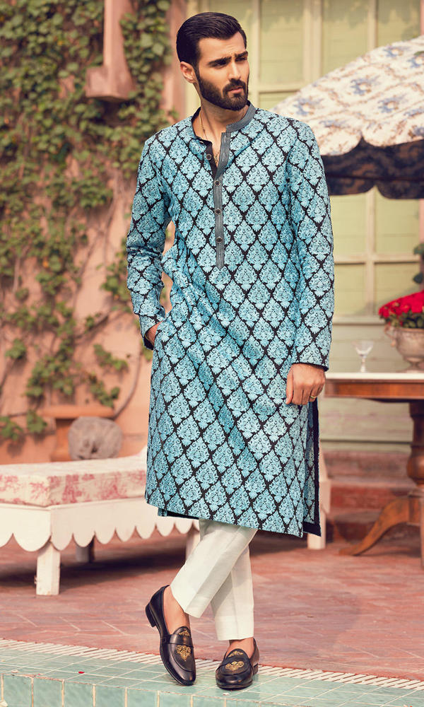 Teal Black Embroidered Waistcoat Kurta (3-Piece) - Image 5