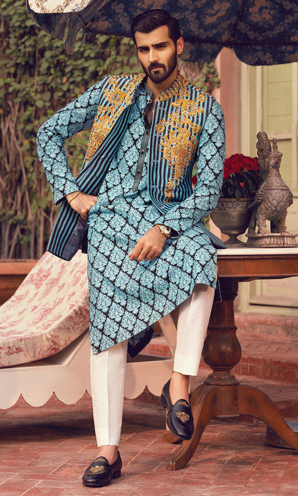 Teal Black Embroidered Waistcoat Kurta (3-Piece) - Image 8