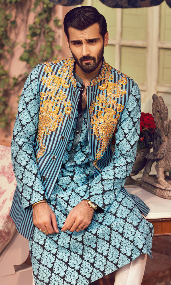 Teal Black Embroidered Waistcoat Kurta (3-Piece) - Image 9