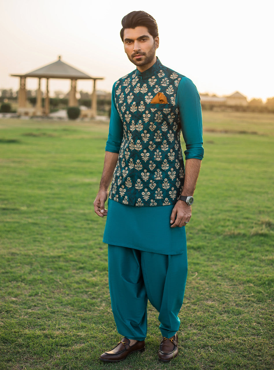 Teal Jacquard Waistcoat Kurta Set (3-Piece) - Image 1