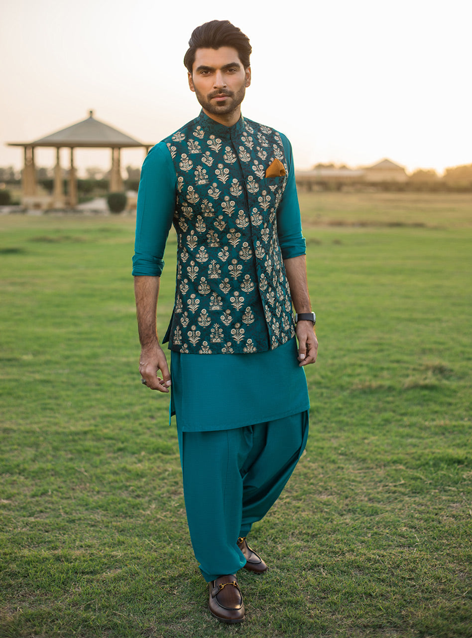 Teal Jacquard Waistcoat Kurta Set (3-Piece) - Image 2