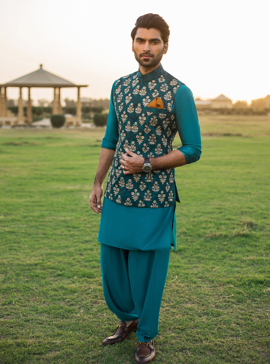Teal Jacquard Waistcoat Kurta Set (3-Piece) - Image 3