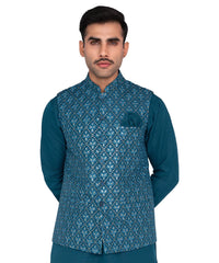 Teal Metallic Threadwork Masoori Waistcoat Kurta Set (3-Piece) - Image 2