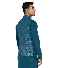 Teal Metallic Threadwork Masoori Waistcoat Kurta Set (3-Piece) - Image 3