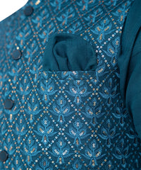 Teal Metallic Threadwork Masoori Waistcoat Kurta Set (3-Piece) - Image 5