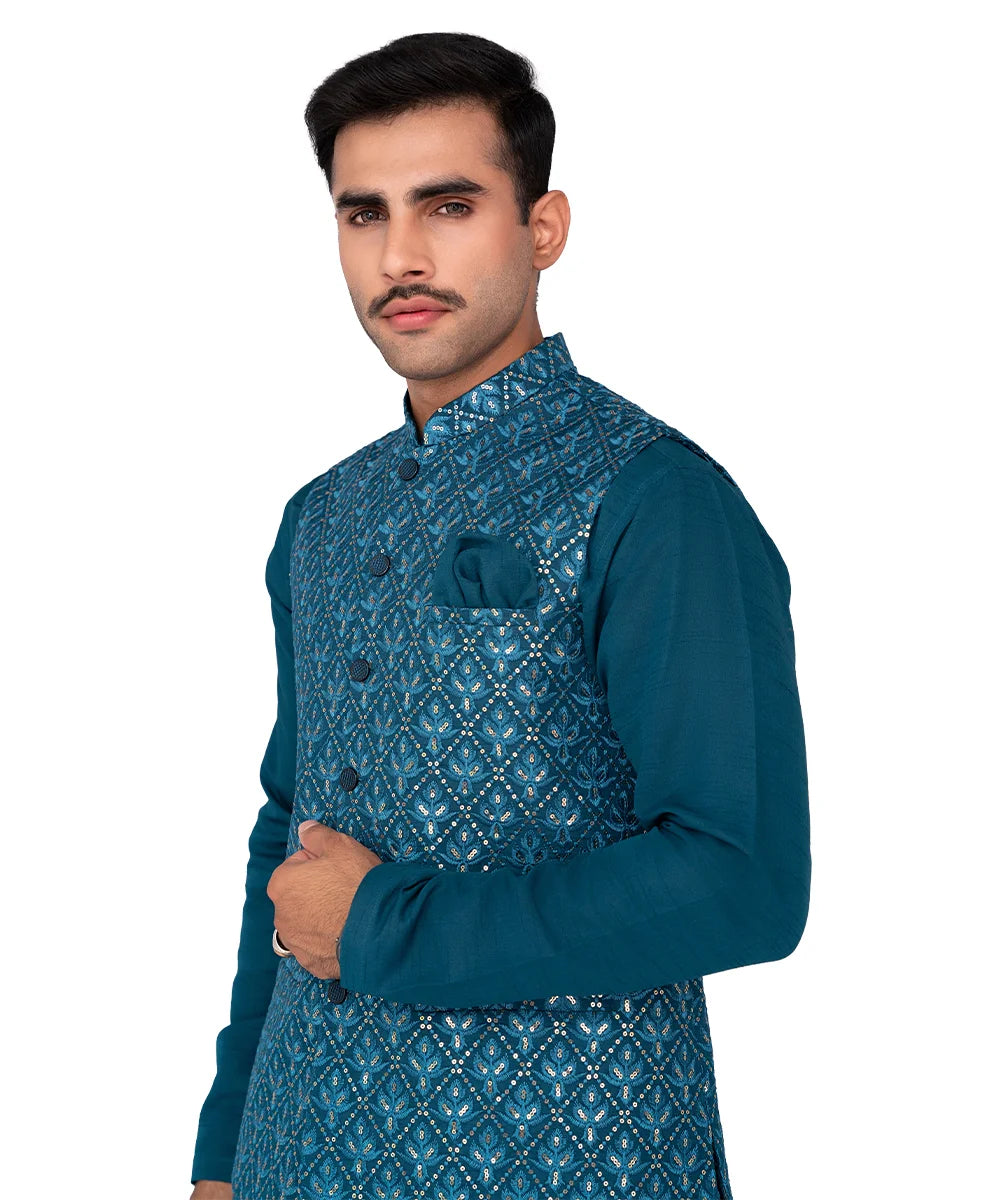 Teal Metallic Threadwork Masoori Waistcoat Kurta Set (3-Piece) - Image 6