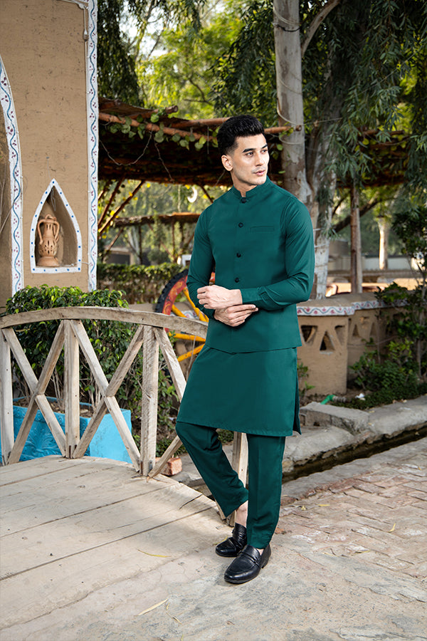 Teal Poly-Viscose Waistcoat Kurta Set (3-Piece) - Image 1