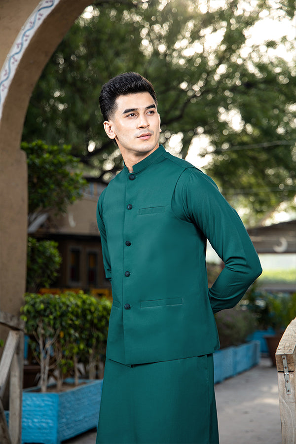 Teal Poly-Viscose Waistcoat Kurta Set (3-Piece) - Image 2