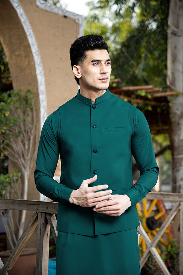 Teal Poly-Viscose Waistcoat Kurta Set (3-Piece) - Image 3