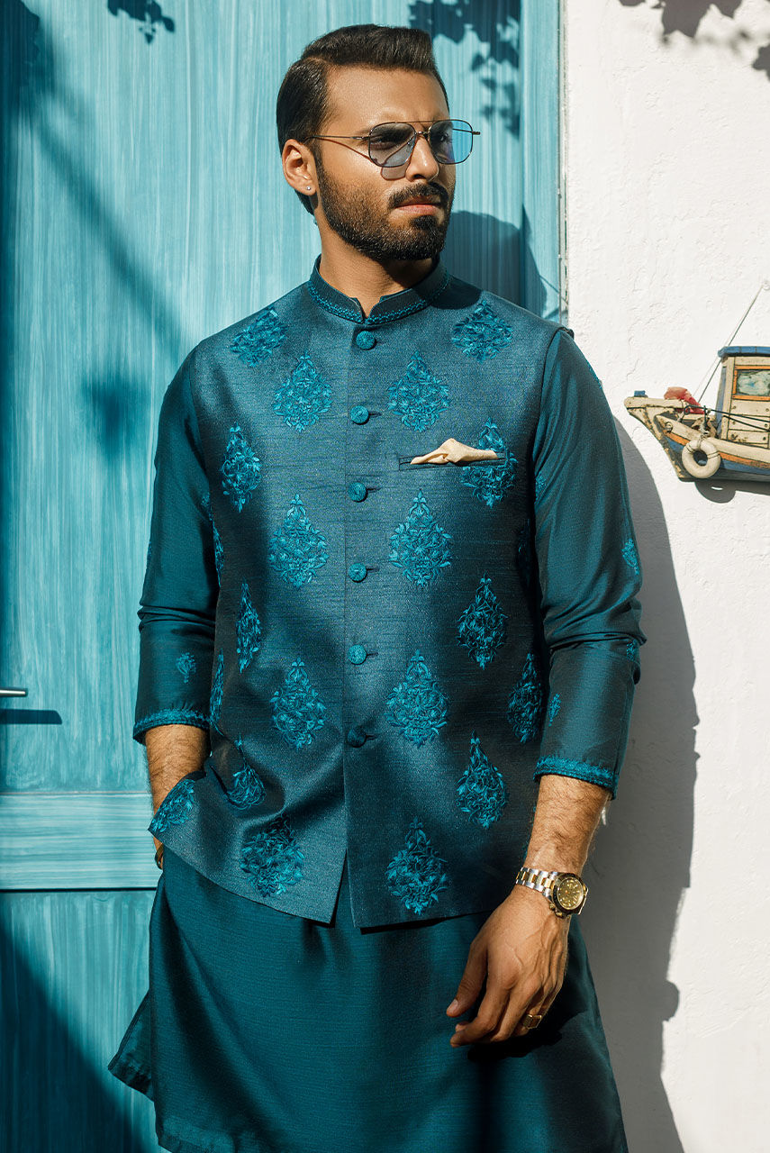 Teal Blue Embroidered Raw Silk Waistcoat Kurta (3-Piece) - Image 5